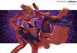 1girls blonde_hair blue_eyes gangbang gwen_stacy gwen_stacy_(spider-verse) handjob legoman marvel multiple_boys multiple_penises penis_grab piercing pussy pussy_juice ripped_clothing roa80h sex spider-man:_into_the_spider-verse