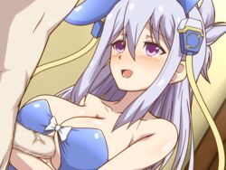 1boy :d ange_vierge animal_ears bare_shoulders blue_leotard blush breasts bunny_ears bunnysuit censored cleavage clothed_female_nude_male code_omega_00_euphiria female kadokura_umekichi large_breasts leotard long_hair mosaic_censoring nude open_mouth outercourse paizuri perpendicular_paizuri purple_eyes silver_hair smile