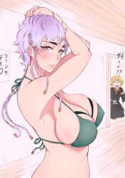 2girls arms_behind_head arms_up big_breasts bikini bikini_top bleach bleach_brave_souls blonde_hair braids breasts brown_eyes caught caught_in_the_act cleavage earrings embarrassed huge_breasts jewelry kimono kotetsu_isane kotetsu_kiyone kramz large_breasts multiple_girls older_sister_younger_sister pose posing posing_for_the_viewer revealing_clothes revealing_swimsuit short_hair short_hair_with_long_locks shy siblings sideboob silver_hair sisters skimpy skimpy_bikini swimsuit taller taller_female taller_girl trying_on_clothes voluptuous walk-in