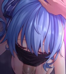 1boy blue_hair censored closed_eyes commentary commentary_request erection fellatio fellatio_under_mask female hand_on_another's_head highres hololive hoshimachi_suisei long_hair mask mosaic_censoring mouth_mask oral penis penis_under_mask solo_focus straight surgical_mask virtual_youtuber zellam