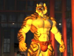 2017 3d abs biceps blue_eyes bulge clothing feline inside lin_hu male male_only mammal muscular muscular_male nekojishi nipples partial_nudity pecs roulga second_life solo stripes tagme tiger