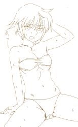 bandeau bandeau_bikini bikini canon_genderswap cleavage doodle female female_only genderswap_(mtf) ginko_sakata gintama gintoki_sakata isami_meena monochrome rule_63 short_hair sitting solo spread_legs sweat underboob