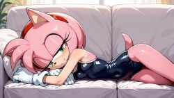 ai_generated amy_rose bodysuit breathtaker green_eyes head_on_arm head_on_pillow lying_on_bed short_hair sofa sonic_(series) sonic_the_hedgehog_(series) swimsuit