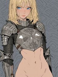 1girls ai_generated armor blonde_hair blue_eyes bottomless bottomless_female bottomless_knight chainmail chest_armor dimitra_(kosine1777) female female_knight freckles knight kosine1777 kosineverse medium_hair original original_character out-of-frame_censoring