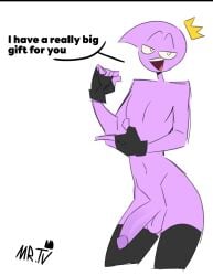 ballsack belly_button big_penis cock_hanging fanart femboy floating_crown gloves japansadface leggings looking_at_viewer mouth_hold nice_ass non-human pointing purple_skin scorpios_(japansadface) shiny_penis standing text