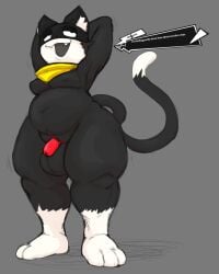 bandana big_balls black_fur caged_cock chastity_cage chubby dialogue locitony male male_only morgana_(persona) open_mouth partially_clothed persona persona_5 standing thick_thighs tuxedo_cat