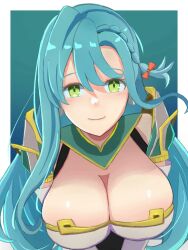 1girls absurdres aqua_hair bow braid breasts chloe_(fire_emblem) cleavage closed_mouth female female female_only fire_emblem fire_emblem_engage green_eyes highres large_breasts light_smile long_hair mgnk33 more_at_source nintendo orange_bow side_braid solo teardrop_earrings