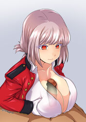 1boy bangs braid breast_squeeze breasts buttons censored cleavage collarbone dress_shirt eyelashes fate/grand_order fate_(series) female florence_nightingale_(fate) folded_ponytail grey_background highres isemagu jacket large_breasts military_jacket mosaic_censoring orange_eyes paizuri penis pink_hair red_jacket shirt signature simple_background swept_bangs x-ray