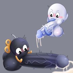 2males bob-omb boo_(mario) cum cum_puddle cutetory ghost hyper_balls hyper_penis male male_only mario_(series) non-human penis simple_background testicles veiny_penis waddling_head