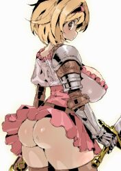 1girls 2024 armor ass big_ass blonde_hair breasts brown_eyes cleavage clothing djeeta_(granblue_fantasy) female female_only frilled_shirt frilled_skirt frills gauntlets granblue_fantasy hairband highres holding_sword holding_weapon huge_breasts looking_at_viewer looking_back miniskirt no_panties petitdry pink_hairband pink_skirt shirt short_hair shoulder_pads simple_background skindentation skirt solo standing sword thick_thighs thighhighs thighs weapon white_background white_shirt