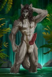 absurd_res animal_genitalia anthro balls blue_eyes braided_hair canid canine canis erection genitals grey_rivers hair hi_res knot male mammal muscular nature nipples penis scar sheath silgiriya_mantsugosi solo water waterfall wolf