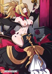 1girls areolae artist_name big_breasts blonde_hair breasts clothing disgaea disgaea_2 female female_only hair kinkymation mostly_nude nipples nippon_ichi_software pointy_ears rozalin video_games watermark