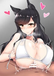 1boy 1girls atago_(azur_lane) atago_(summer_march)_(azur_lane) azur_lane bangs bikini black_hair blush breast_squeeze breasts brown_eyes closed_mouth clothed_female_nude_male cum cum_on_body cum_on_breasts cum_on_upper_body dark-skinned_male dark_skin ejaculation_between_breasts eyebrows_visible_through_hair female futoshi heart huge_breasts light-skinned_female light_skin looking_at_viewer navel nude paizuri sakura_empire_(azur_lane) smile solo_focus straight swept_bangs swimsuit tsurime white_bikini