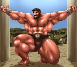 balls bara beard bulge facial_hair flaccid greek_mythology hercules hitenmaru male male_only muscles muscular mythology on_one_knee penis solo solo_male sweat sweating