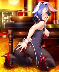 animal_ears ass bangs blue_eyes blue_hair blush breasts bunny_ears bunny_tail bunnysuit casino commentary earrings eyebrows_visible_through_hair fake_animal_ears female female high_heels highres indoors jewelry kneeling line_art looking_at_viewer looking_back lovina_(taimanin_asagi_battle_arena) medium_breasts naughty_face nipples open_mouth pantyhose pussy_juice shiny short_hair smile sweat tail taimanin_(series) taimanin_asagi_battle_arena wrist_cuffs zol