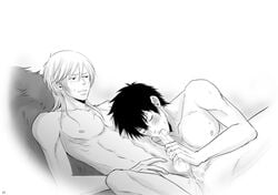 2boys erection fellatio kougami_shin'ya lying makishima_shougo male multiple_boys nana_(mioumiou46) nude penis penis_grab psycho-pass smirk sucking yaoi