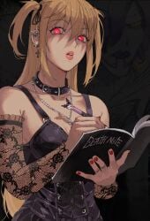 1girls asian asian_female blonde_hair busty cleavage collar death_note death_note_(object) giganticbuddha lace light-skinned_female light_skin looking_at_viewer misa_amane necklace painted_fingernails painted_nails pierced_ears piercing red_eyes red_nails rem_(death_note) shinigami writing