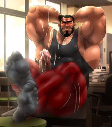 after_orgasm balls bara beard big_penis boner clothing coach cum erection facial_hair feet hands_behind_head hitenmaru male male_only muscles muscular musk penis solo solo_male sweat sweating