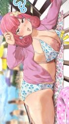 accidental_exposure beach beach_towel bikini bikini_bottom bikini_top breasts brown_eyes exposed_breast exposed_breasts female female_focus female_only nip_slip nipple nipples pink_hair pov pov_eye_contact ryokucha_michi solo solo_female solo_focus towel wardrobe_malfunction