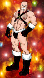 1boy abs artist_signature bald blue_eyes body_hair boots christian_(artist) christmas dilf facial_hair gloves harness human jockstrap male male_nipples male_only male_pubic_hair muscles muscular_male mustache pecs penis_bulge santa_claus soul_patch white_hair