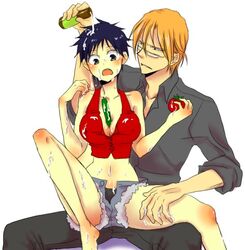 blush breasts cleavage female food genderswap_(ftm) genderswap_(mtf) luffyko male monkey_d_luffy nami one_piece pre-timeskip rule_63 straight_hair