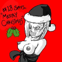 android_18 angry blonde_hair blue_eyes blush bondage breasts christmas dragon_ball dragon_ball_z earrings female flipnote flipnote_studio gag lowres nipples ribbon straight_hair tape tape_gag zone zzz