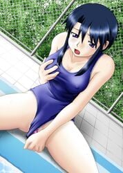 azumanga_daiou black_hair blue_eyes blush breast_grab breasts count_zero detailed_background dildo erect_nipples female female_only human masturbation nipple_bulge nipples nyamo_minamo_kurosawa one-piece_swimsuit pool poolside solo swimsuit