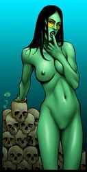 1girls 2d alien alien_girl alien_look_like_human black_hair blue_eyes breasts catthouse_studios color colored dark_hair death female female_only finger_to_mouth finger_to_tongue gamora green-skinned_female green_eyes green_pussy green_skin guardians_of_the_galaxy long_hair marvel marvel_comics naked nipples nude oni_(artist) pussy roadkill_(catthouse_studios) skull solo straight_hair vagina