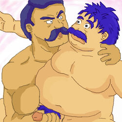 2boys bara blue_hair chubby_male dragon_quest dragon_quest_iv erection facial_hair gay gay_sex handjob human male male/male male_only male_pubic_hair mustache nude_male open_mouth penis ragnar_mcryan smooth_skinned_male tateshima torneko