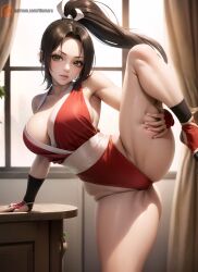 1girls 2023 ai_generated ass bangs blush breasts brown_eyes brown_hair cameltoe cleavage detailed fatal_fury female grabbing_own_leg hi_res high_ponytail highres huge_breasts illumaru king_of_fighters kneepits large_breasts long_hair mai_shiranui ninja no_bra open_mouth pelvic_curtain ponytail pussy revealing_clothes sideboob solo split stable_diffusion standing standing_on_one_leg standing_split thick_thighs thighs upper_teeth