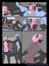 2012 after_sex bed blue_eyes blue_fur blue_hair blue_markings blush breasts brother brother_and_sister comic cum cute devon_(nikora_angeli) dialogue digital english_text female furniture hair hand_holding incest keri_(nikora_angeli) male nikora_angeli nipples nude on_bed open_mouth penis pink_belly pink_eyes pink_fur pink_hair pink_markings sex short_hair siblings sideboob sister skunk spix spixystix straight stripes text twincest twins young