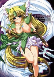 2006 blonde_hair blue_eyes blush breasts cleavage fantasy_wind female female_only highres human jewelry long_hair low-tied_long_hair necklace nipple_slip nipples pointy_chin polearm ribbon ribbons riesz seiken_densetsu seiken_densetsu_3 shinano_yura solo spear weapon