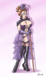 1girls breasts bun cane cape cleavage corset feather female female_only garters glasses gloves large_breasts pinup purple red_lips scepter solo solo_female sorenutz staff stockings thigh_boots top_hat