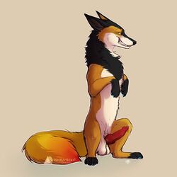 2017 alphaschakal anatomically_correct anatomically_correct_penis animal_genitalia animal_penis balls black_fur canine canine_penis cum digital_media_(artwork) erection feral fluffy fluffy_tail fur jackal knot looking_at_viewer male male_only mammal mane nude orange_fur paws penis pose senka-bekic senka_bekic sitting smile smirk solo toes white_fur yellow_eyes