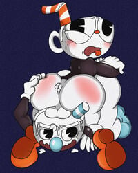 2boys anus ass balls big_(disambiguation) blpanda blush cuphead cuphead_(game) duo from_behind game_(disambiguation) gay incest looking_back male male_only mugman playing simple_background sitting_on_person testicles yaoi