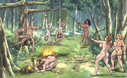 amazon archery bondage bow breasts dark_skin femdom fire forest large_breasts larger_female malesub multiple_females multiple_males multiple_subs muscular_female mythology penis smaller_male sorenutz torture