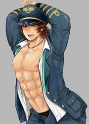 1boy abs bara blush brown_eyes brown_hair cum hat jacket looking_at_viewer male male_only muscle muscular necklace nipples open_mouth open_shirt pants pecs shin_sangoku_musou shin_sangoku_musou_7 shirt sima_zhao simple_background solo tied yaoi