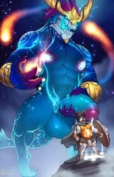 absurd_res anthro aurelion_sol balls big_penis canine cum cum_drip cum_on_stomach deity dripping duo glowing glowing_nipples half-erect hi_res holding_penis humanoid_penis league_of_legends magic male mammal marlon.cores muscular muscular_male nipples pantheon penis riot_games size_difference standing surprise uncut vein video_games yaoi