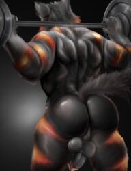 2017 anthro anthro_only balls behind_view biceps black_background black_fur canine erection exercise fur furry humanoid_penis killianwalker male male_only mammal multicolored_fur muscular muscular_male no_humans nude penis red_fur simple_background solo standing stripes weightlifting weights were werewolf wolf workout