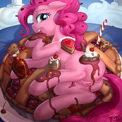 2017 anthro anus big_eyes blue_eyes collaboration david_delanty detailed_background equine eyelashes female food friendship_is_magic fur furry highres horse licking looking_at_viewer looking_back lumineko lying mammal my_little_pony on_side pie pink_fur pink_hair pink_pussy pinkie_pie_(mlp) pussy raised_leg signature solo straight_hair sweets tongue tongue_out