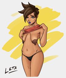 areola areolae brown_eyes brown_hair female huge_areolae leta lipstick overwatch sagging_breasts topless tracer ugly