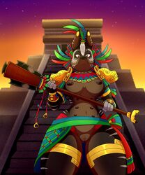 2017 anthro areola aztec aztec_mythology breasts canine canine ear_piercing female frown lonbluewolf looking_at_viewer macuahuitl mammal multi_nipple nipples piercing pussy pyramid rule_63 solo xolotl