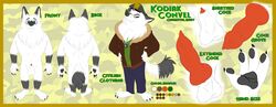 1boy animal_genitalia animal_penis anthro balls barefoot blue_eyes canine canine_penis claws clothing disney english_text fan_character fur grey_fur hat jacket knot kodiak_convel male male_only mammal model_sheet nude pawpads penis sheath smile solo text toe_claws wastedtimeee white_fur wolf zootopia