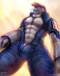 abs anthro beard big_muscles biped blue_clothing bodysuit bulge cheetahpaws clothed clothing digital_media_(artwork) digital_painting_(artwork) eye_markings eyewear facial_hair goggles goggles_on_forehead goggles_on_head grey_skin male male_only mammal marine markings mature_male muscular muscular_male my_hero_academia navel nipples open_suit partially_clothed pecs penis penis_base pinniped pubes seal selkie_(my_hero_academia) smile solo tight_clothing wet wetsuit whiskers