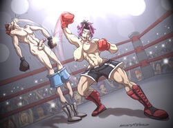 1boy 1girls black_boxing_gloves black_gloves black_shorts blue_shorts bouncing_breasts boxing boxing_gloves boxing_match boxing_ring femdom fight gloves knocked_out large_breasts larger_female light-skinned_female light-skinned_male light_skin mixed_boxing muscular muscular_female original original_characters pants_down penis punch red_boxing_gloves red_gloves shoes_off short_hair shorts shorts_down smaller_male sorenutz sports topless uppercut wide_hips