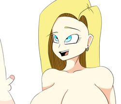 1girls android android_18 areola big_breasts blue_eyes breasts cyborg dragon_ball dragon_ball_z female female_only ketadune krillin kuririn nipples small_penis_humiliation sph white_body yellow_hair