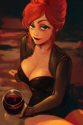 1girls alcohol bedroom_eyes black_dress blue_eyes cleavage dress ehryel eyeshadow female female_only freckles full_cleavage gardnerverse hair_bun large_breasts lipstick little_black_dress liz_gardner looking_at_viewer makeup milf pov red_hair redhead seductive smile solo solo_female wine wine_glass