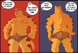 2016 5_fingers abs anthro armpit_hair ass balls biceps big_muscles body_hair brown_fur brown_hair brown_stripes bubble_butt bulge butt captain_nikko chance_furlong chest_hair clothed clothing dialogue english_text feline fur hair hat humanoid_penis male male_only mammal muscular muscular_male nipples open_mouth pecs penis pink_nipples poking_out pubes rear_view signature solo speech_bubble striped_fur stripes swat_kats sweat t-bone text topless underwear whiskers yellow_fur