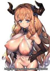 >:< artist_name black_gloves blue_eyes blush breasts breasts_out brown_hair closed_mouth doraf elbow_gloves eyebrows_visible_through_hair female gloves granblue_fantasy hair_intakes hands_on_hips horns large_breasts long_hair looking_at_viewer navel nipples no_panties pointy_ears razia redcomet shirt sleeveless sleeveless_shirt solo uncensored very_long_hair watermark web_address white_background white_shirt