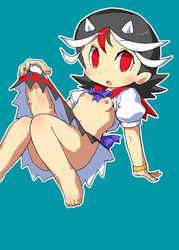 1futa aqua_background arm_support barefoot black_hair bracelet breasts erection futa_only futanari gomi_ichigo intersex large_penis looking_at_viewer navel nipples no_panties open_mouth outline penis penis_grab red_eyes seija_kijin short_hair simple_background small_breasts solo touhou veins veiny_penis white_outline